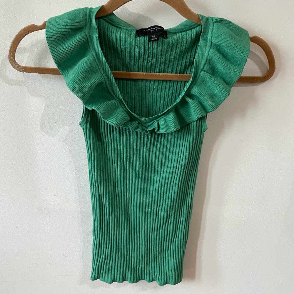 Ann Taylor Green Ribbed Ruffled Tank Top